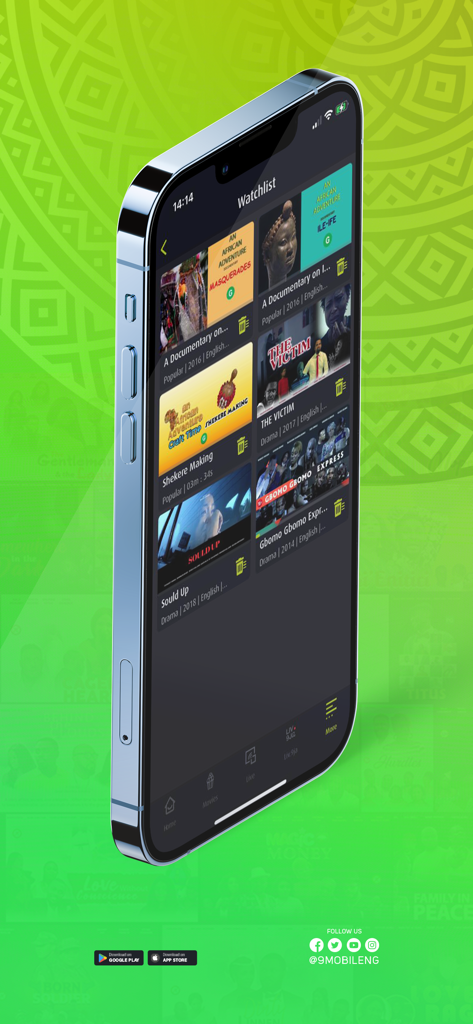 9TV - Interface de la liste de surveillance de l'application 9TV montrant divers films et documentaires nigérians sur un iPhone.
