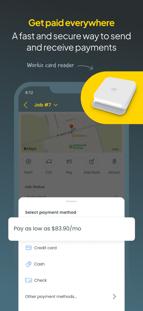 Workiz Field Service Software - Workiz app screen showing mobile payment options and integrated card reader for field services