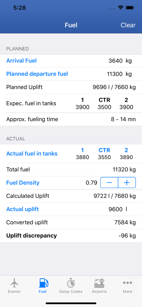 737 Pilot - Refueling tool interface for Boeing 737-800 showing planned and actual fuel data