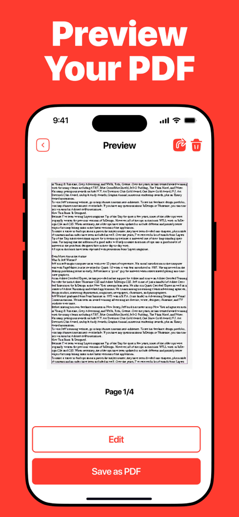 PDF Converter: Convert to PDFㅤ - Interfaccia dell'app mobile che visualizza un'anteprima del documento con opzioni per modificare e salvare come PDF
