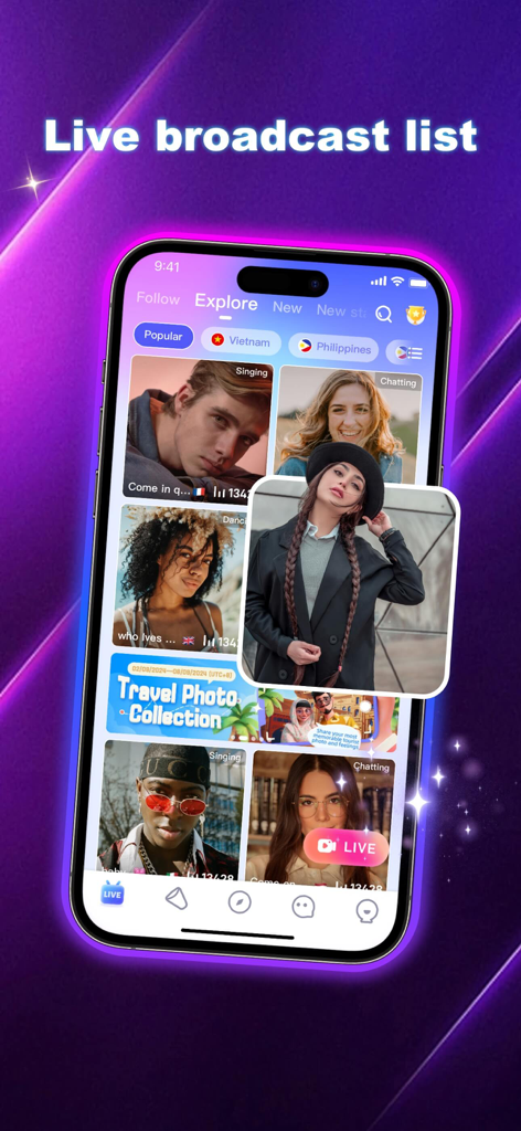 Poppo Live- Live Stream - A smartphone display showing the Poppo Live app interface with various live streaming host thumbnails in the explore section