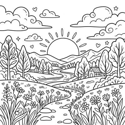 Bring the warm glow of a golden hour landscape to life with this delightful coloring page designed especially for kids. Featuring a serene scene with mountains, a river, and charming houses, it's perfect for inspiring creativity.