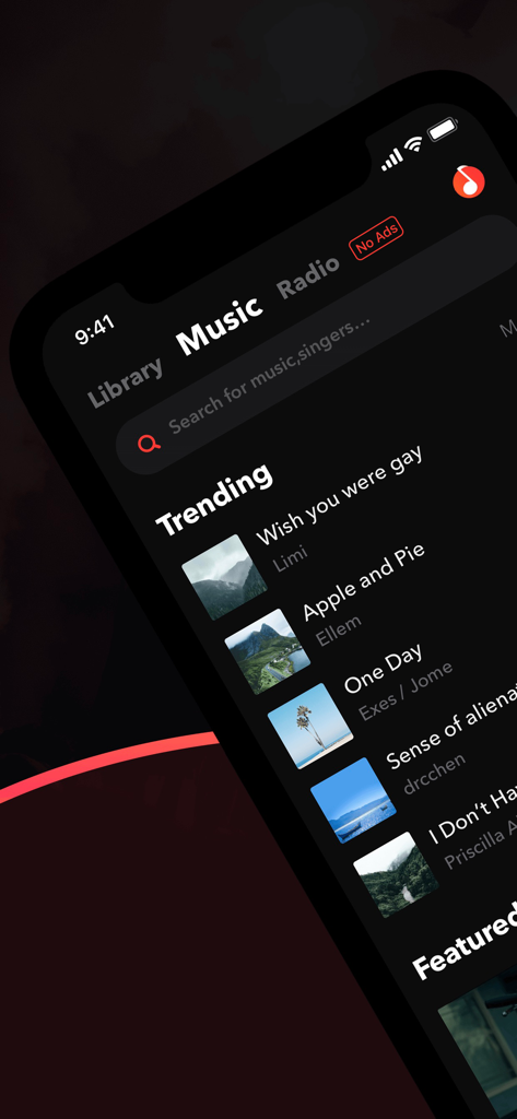Interface of the ElfSounds music player app showing a list of trending songs in dark mode