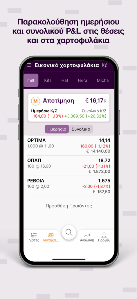 Optima Trader - Optima Trader app interface displaying stock portfolio valuation and daily profit and loss performance