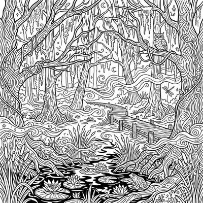 Embark on a tranquil journey with this intricate misty swamp coloring page for adults. Featuring gnarled trees, lily pads, and hidden creatures, it's perfect for a relaxing artistic escape.