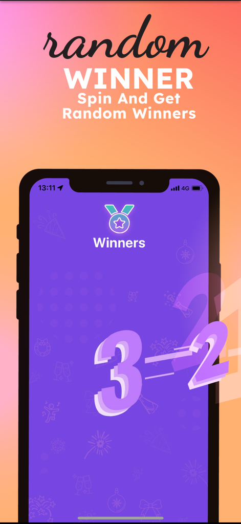 Mobile app interface for picking a random Instagram giveaway winner with a countdown animation.