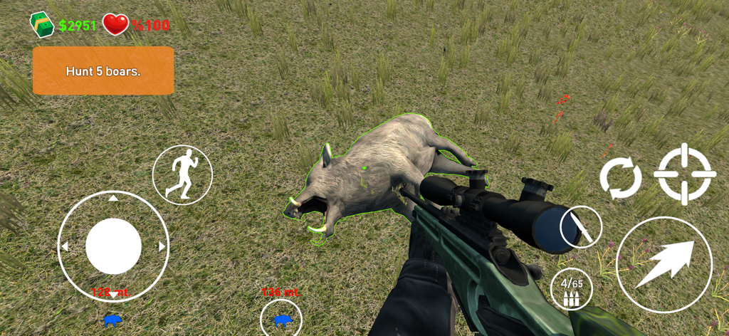 First person gameplay showing a player using a sniper rifle to hunt a boar in Beast Tracker Survivor