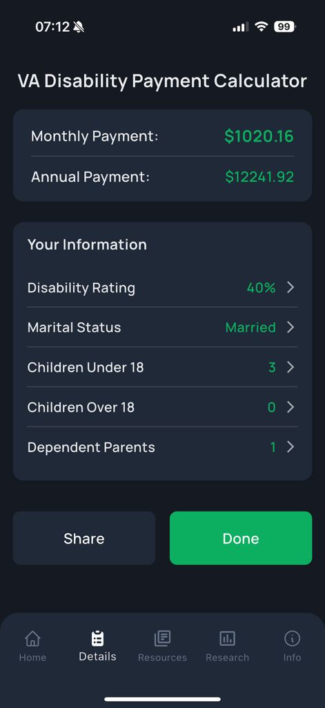 Screenshot of the VA Disability Payment Calculator app showing a monthly payment of 1020.16 dollars based on a 40 percent disability rating with dependents.