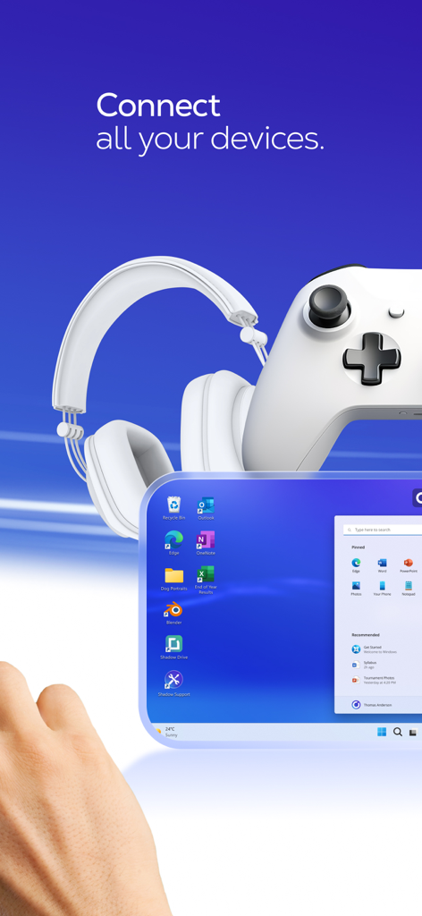 O aplicativo Shadow PC exibindo um desktop Windows em uma tela de tablet com um controle de jogos e fones de ouvido por perto