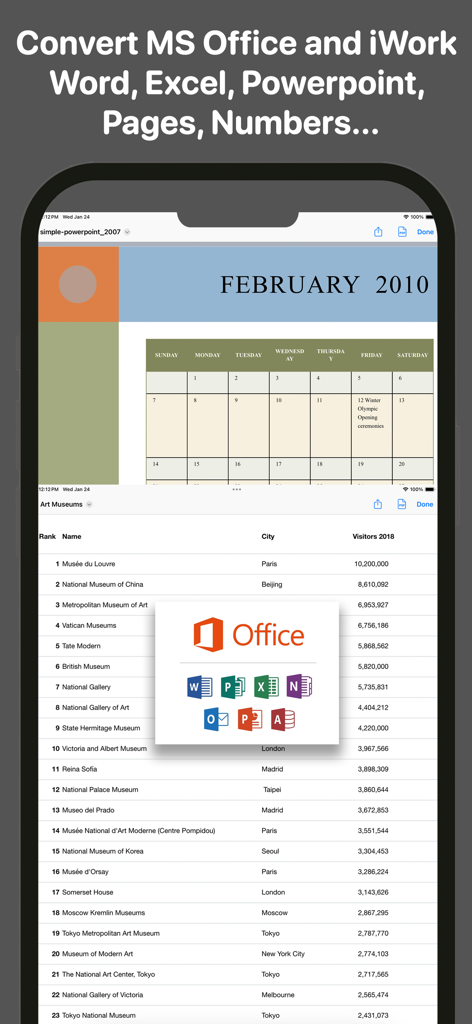 Una pantalla móvil que muestra la aplicación FreePDF convirtiendo documentos de Microsoft Office y Apple iWork a formato PDF.