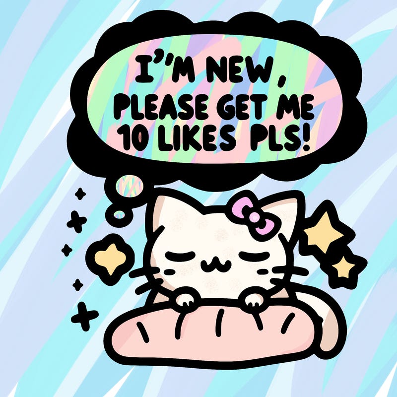 kitty taking a nap dream talking and saying "i'm new, please get me at least 10 likes pls!!"