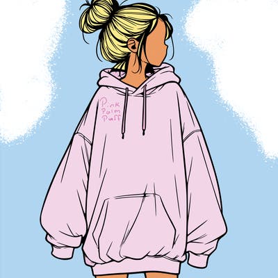 realistic girl with a oversized sweatshirt on and a bun