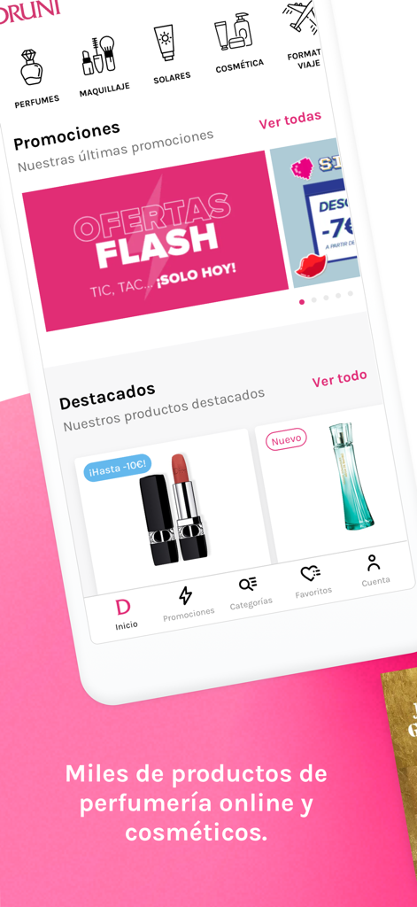 Interface de l'application mobile Perfumerías DRUNI montrant les catégories de beauté et les offres flash