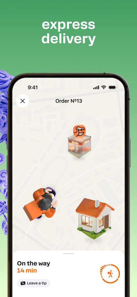 Interface d'application mobile de Dodo Pizza affichant le suivi de commande en temps réel sur une carte, avec un livreur en route.