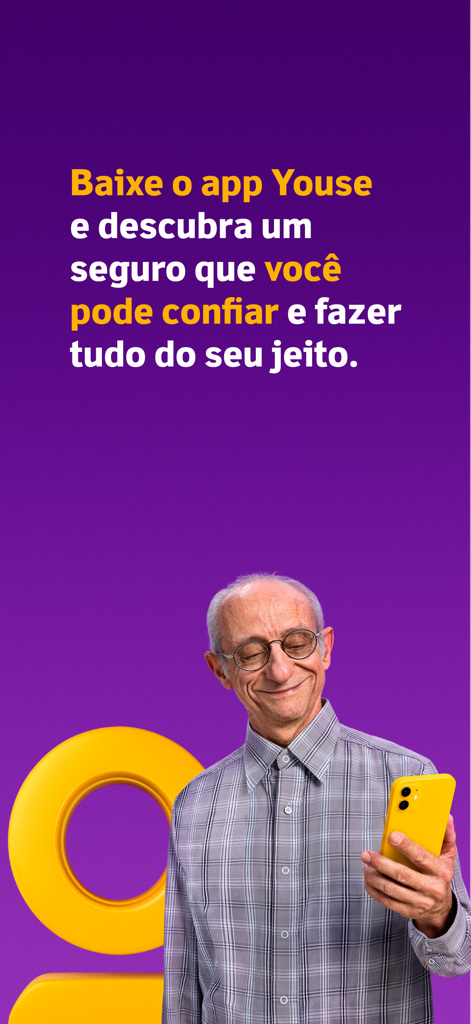 Youse Seguros - A smiling man using the Youse insurance app on a yellow smartphone against a purple background.