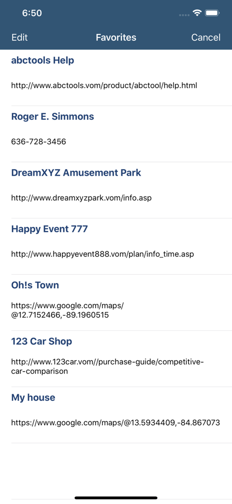 QROX+: QR code Generator - A screen showing saved QR code data including website links contact info and map locations in the QROX plus app favorites