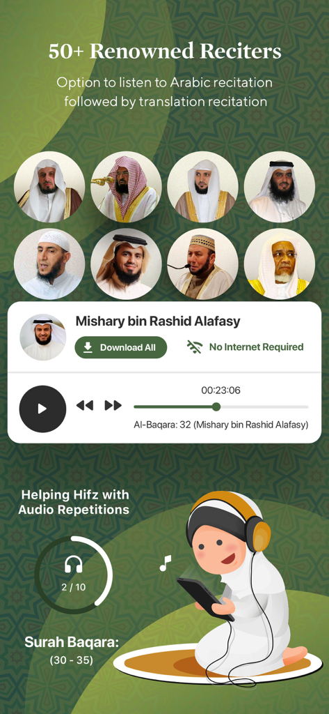 Interfaccia dell'app Quran Kareem che mostra il lettore audio di oltre 50 rinomati recitatori con traduzione e strumenti di memorizzazione Hifz