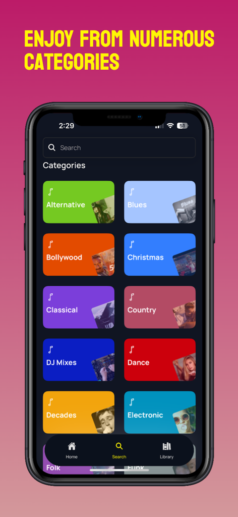 Music : Songs, Video Streaming - Discovery Player mobile app screen displaying a grid of music genres and categories like Alternative and Bollywood.