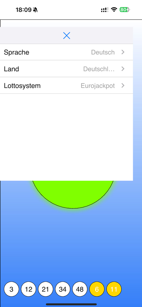 Lotto-O-Mat Ki - Lotto-O-Mat Ki app interface showing language settings and generated Eurojackpot lottery numbers
