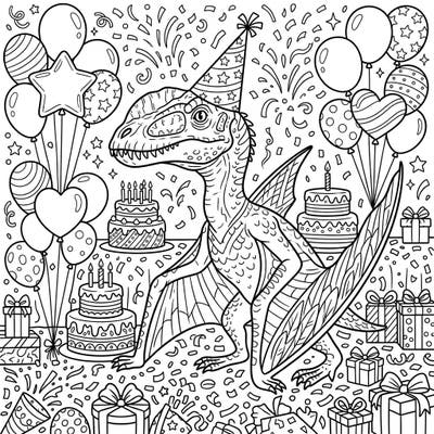 Get ready for a prehistoric party like no other with this vibrant Cearadactylus birthday coloring page. This exciting scene features a mighty pterosaur celebrating amidst cakes, balloons, and abundant confetti, promising hours of creative enjoyment.