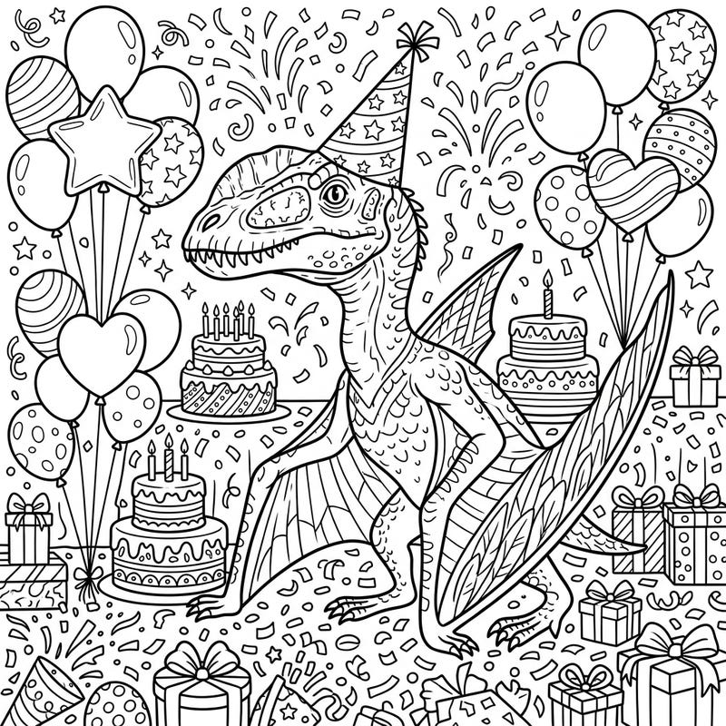 Get ready for a prehistoric party like no other with this vibrant Cearadactylus birthday coloring page. This exciting scene features a mighty pterosaur celebrating amidst cakes, balloons, and abundant confetti, promising hours of creative enjoyment.