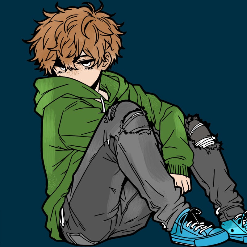 a male hoddie ripped jeans messy hair anime