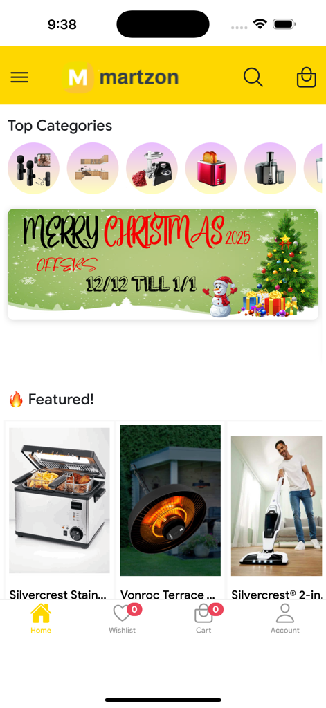 Martzon - Martzon mobile shopping app home screen featuring Christmas deals and top product categories.