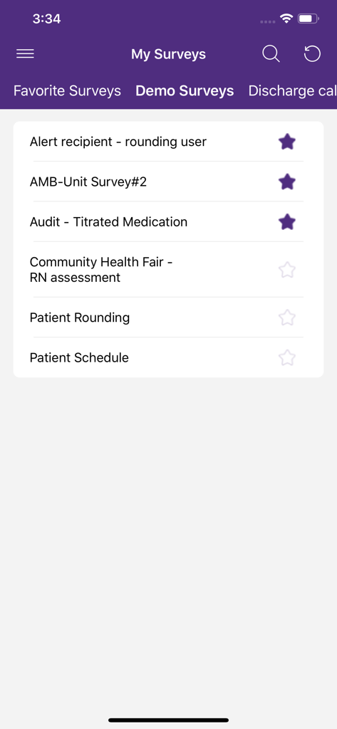 A mobile app screen for GetWell Rounds plus showing a list of healthcare surveys like Patient Rounding and Titrated Medication audits