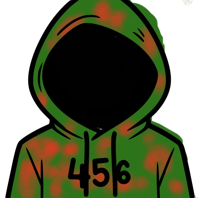 a person with non face waering a hoodie with a 456 symbol
