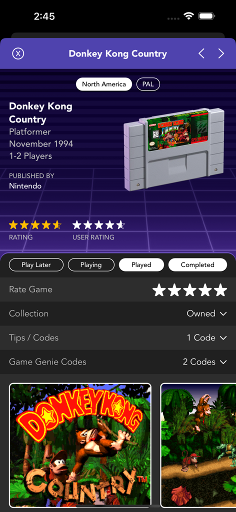 Donkey Kong Country game details and collection status in Ultimate Game Guide app