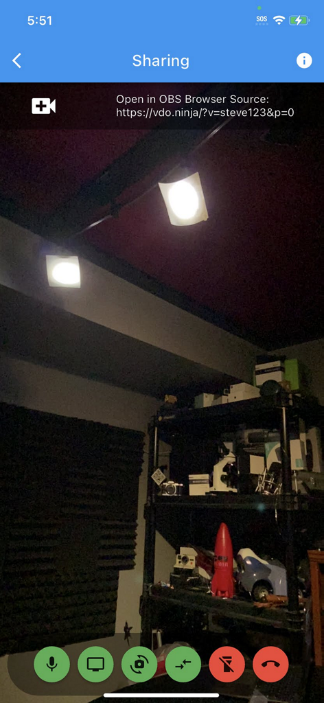 VDO.Ninja - Interface de l'application VDO.Ninja montrant un flux de caméra mobile en direct avec un lien de source de navigateur OBS pour le streaming à distance