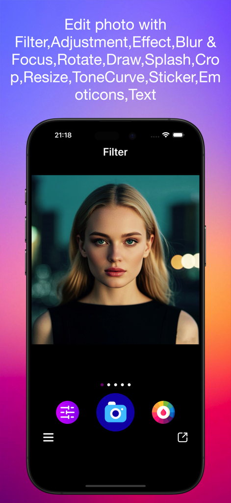 Pic Lab - Photo Editor Lively - Smartphone screen showing the Pic Lab app interface with a portrait photo and filter editing tools