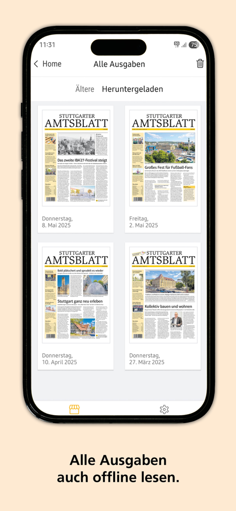 Stuttgarter Amtsblatt - Liste der offiziellen Zeitungserscheinungen in der Stuttgarter Amtsblatt App mit Archiv- und Offline-Leseoptionen.