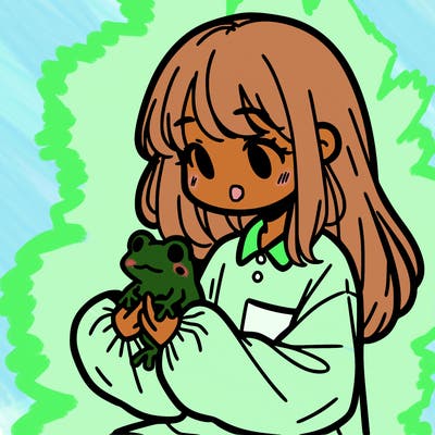 girl with long hair and a oversized shirt. and she is holding a frog