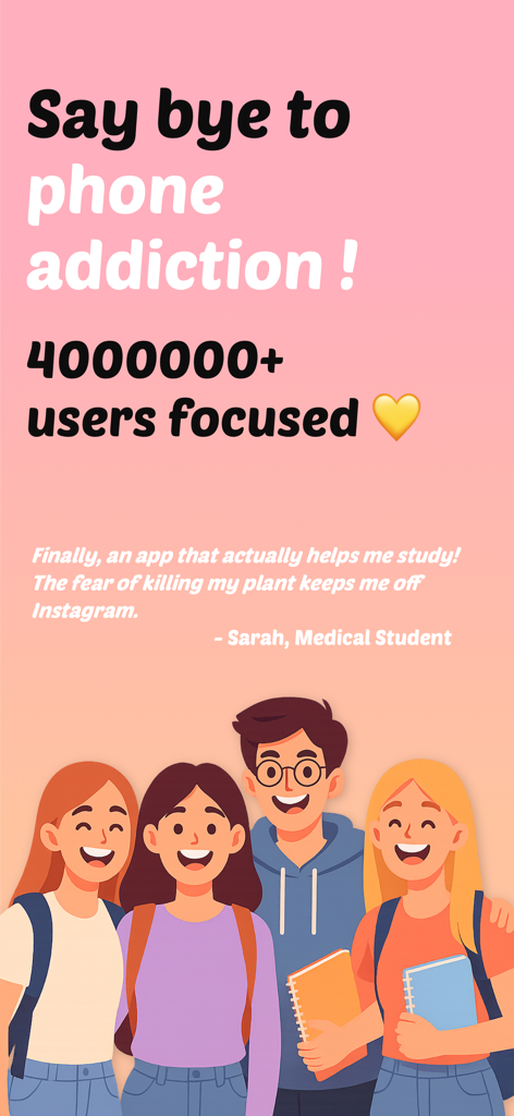 Plantie - Stay focused - 행복해 보이는 학생들의 일러스트와 스마트폰 중독 극복에 대한 후기가 담긴 Plantie 앱 홍보 화면.