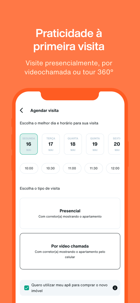 Loft Imóveis - Interface of the Loft Imóveis app showing options to schedule a property visit by video call or in person