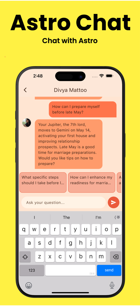 Astro Talk AI - Interface of the Astro Talk AI app showing a personalized conversation with an AI astrologer about astrological relationship advice.