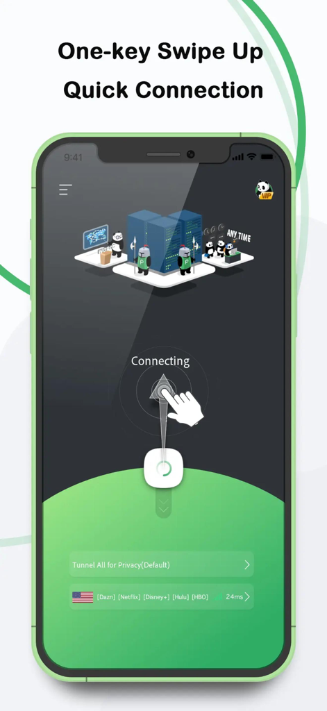 Un teléfono móvil mostrando la interfaz de la aplicación PandaVPN con una función de un toque para conectarse rápidamente a un servidor seguro para streaming y privacidad.