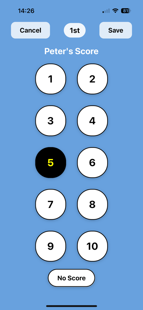 Manual score entry interface for a golfer in the Shots2Points app with a numerical keypad from 1 to 10