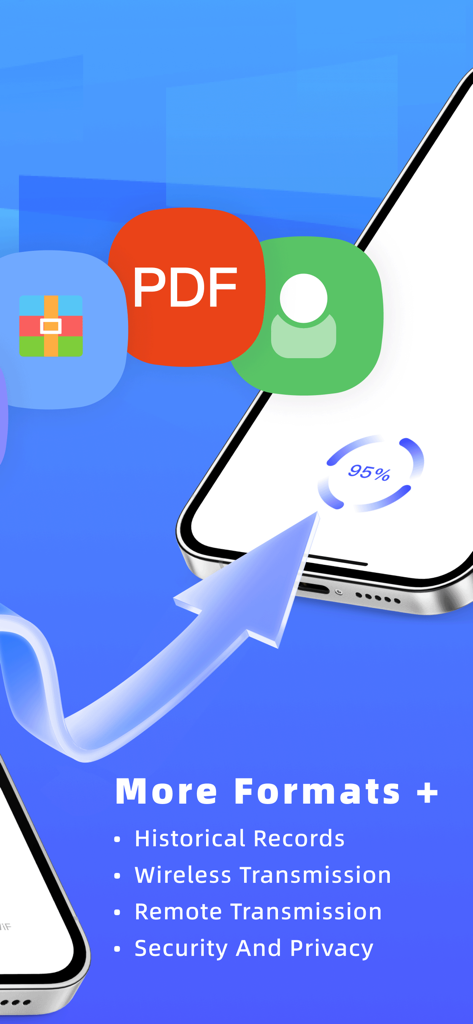 Files Transfer app interface showing wireless and remote transmission progress with multiple file format support