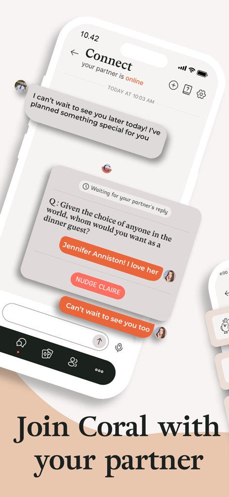 Coral: Couples & Relationship - A mobile interface from the Coral app showing a chat and a relationship question prompt for couples