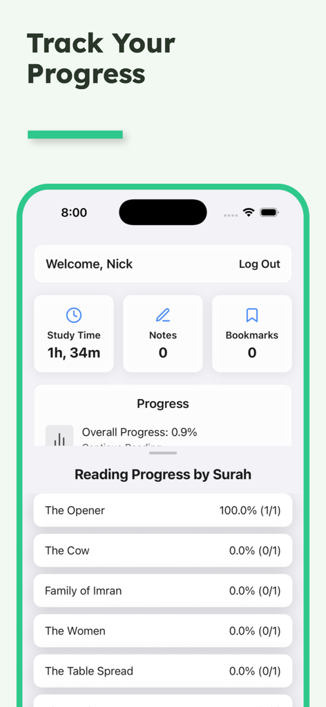 Allah Speak: Quran Chat - Panel de usuario que muestra el progreso de lectura del Corán y el tiempo de estudio en la aplicación Allah Speak.