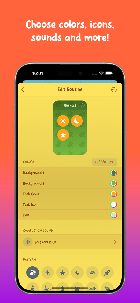 Personalizando cores, ícones e sons de rotina no app Little Streaks