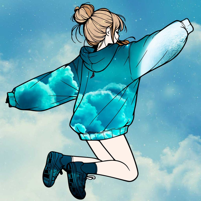 realistic girl jumping with a bun and oversized sweatshirt