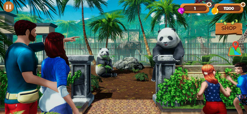 Zoo Keeper Simulator Tycoon 3D - A family visiting a giant panda enclosure in a 3D zoo simulation game