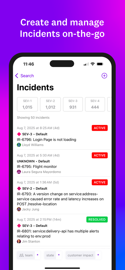 Datadog - Datadogモバイルアプリのインターフェース。アクティブな技術インシデントのリストを、重大度レベルと対応状況で分類して表示