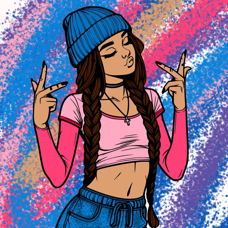 realistic teenage girl with braids and a beanie and crop top doing 🫶🏼