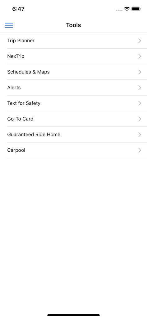 Metro Transit - A list of transit utility tools in the Metro Transit app including Trip Planner, NexTrip, and Schedules.