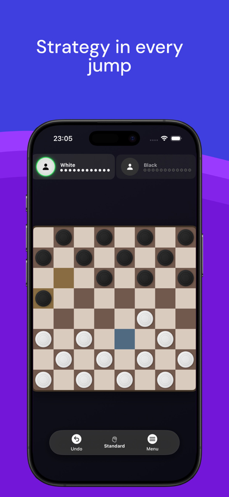 Chess & Checkers: Duo Games - Teléfono móvil mostrando una partida de Damas en modo oscuro con un tablero y piezas