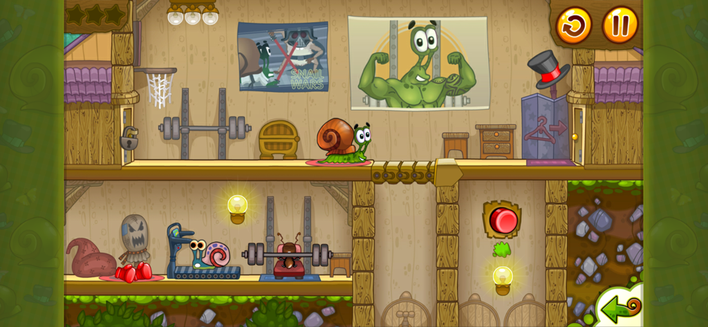 Snail Bob 2: Platform Games 2d - Snail Bob 2 character in a cartoon gym room with exercise equipment and funny posters.